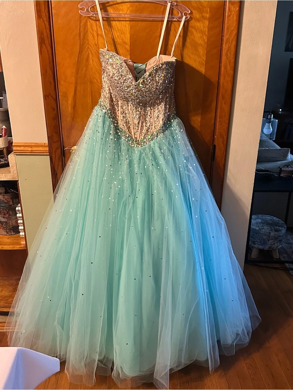 Mori Lee turquoise  Champagne Beaded corset Cinderella Tulle Ball Gown size 18
